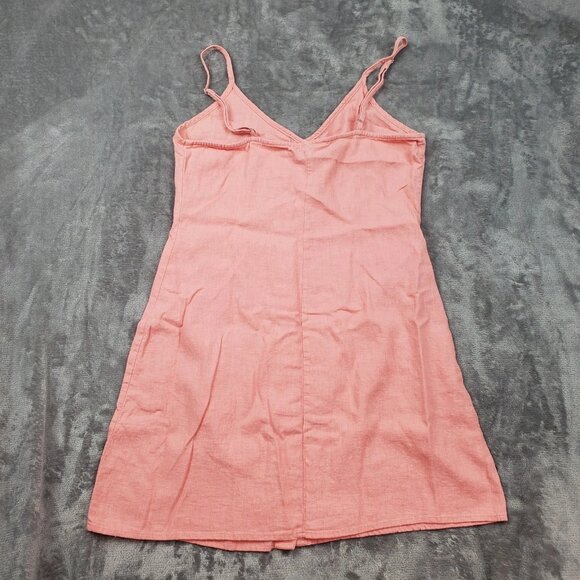 Forever 21 Womens Dress Sz M Coral Orange Button Front Mini Linen Blend Strappy - Picture 2 of 16